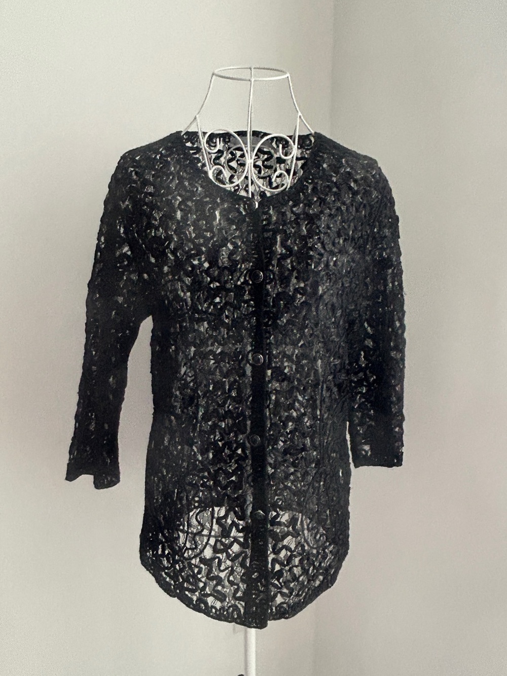 Vintage Black Lace Ribbon Crochet Sheer Cardigan Jacket Whimsigoth  S/P
